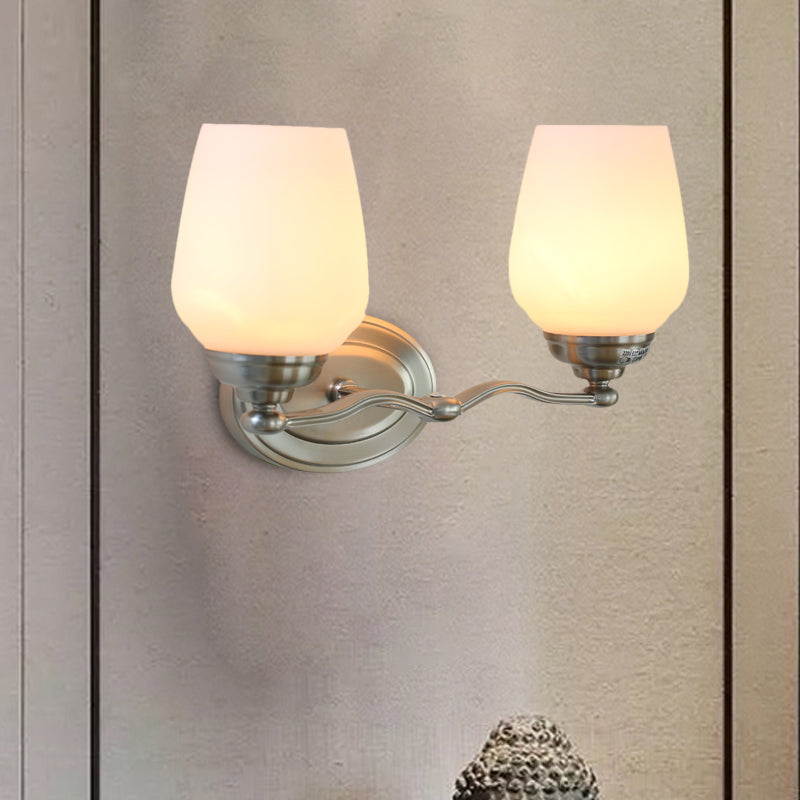 2-Head Opal Glass Vanity Light Countryside Silver Cup Shape Cream Glass Up Wall Lamp Sconce Silver Clearhalo 'Vanity Lights' 'Wall Lights' Lighting' 781860