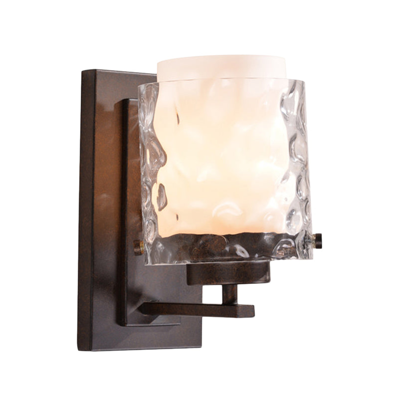 Traditional Cylinder Sconce Lamp Fixture 1-Light Clear Water Glass Wall Lighting in Black with White Shade Inner Clearhalo 'Wall Lamps & Sconces' 'Wall Lights' Lighting' 781866