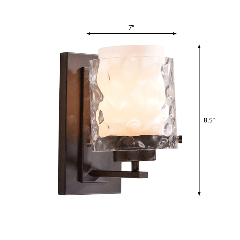 Traditional Cylinder Sconce Lamp Fixture 1-Light Clear Water Glass Wall Lighting in Black with White Shade Inner Clearhalo 'Wall Lamps & Sconces' 'Wall Lights' Lighting' 781867