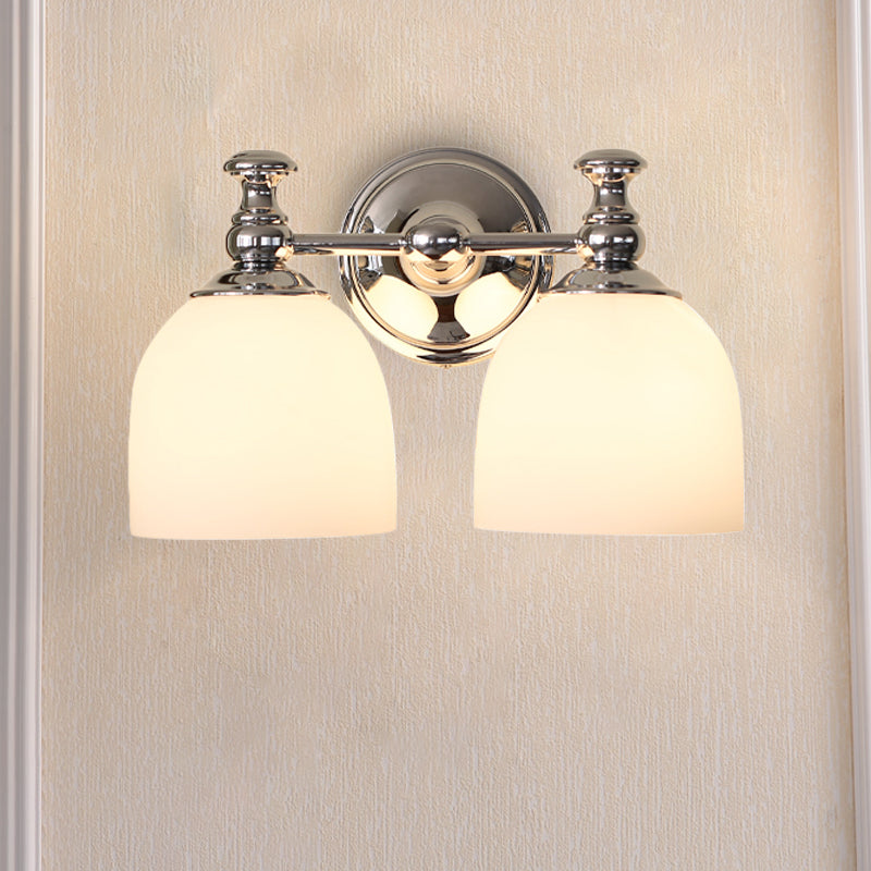 Milk White Glass Bell Wall Mount Lamp Traditional 1/2-Bulb Indoor Wall Sconce Light in Chrome 2.0 Chrome Clearhalo 'Wall Lamps & Sconces' 'Wall Lights' Lighting' 781868