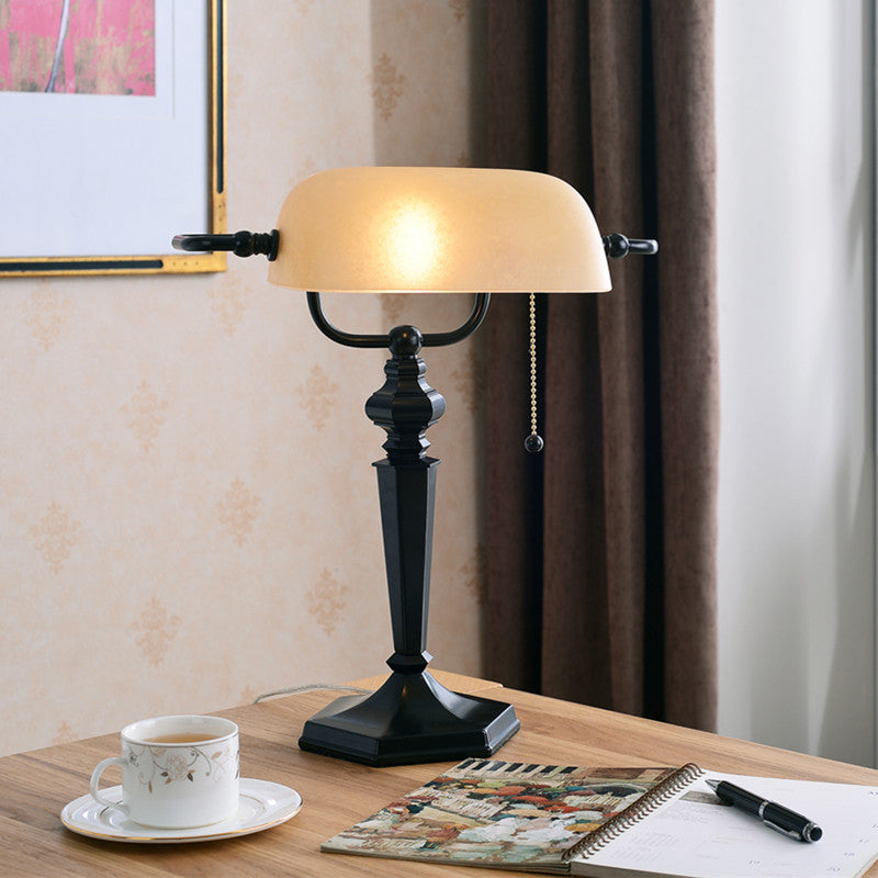 1 Light Pull Chain Night Table Light Traditional Black/Brass Finish Metal Desk Lamp with Tan Glass Shade Black Clearhalo 'Lamps' 'Table Lamps' Lighting' 781890