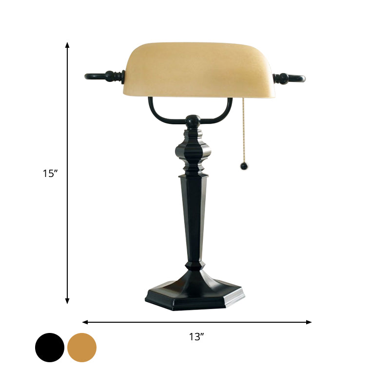 1 Light Pull Chain Night Table Light Traditional Black/Brass Finish Metal Desk Lamp with Tan Glass Shade Clearhalo 'Lamps' 'Table Lamps' Lighting' 781893