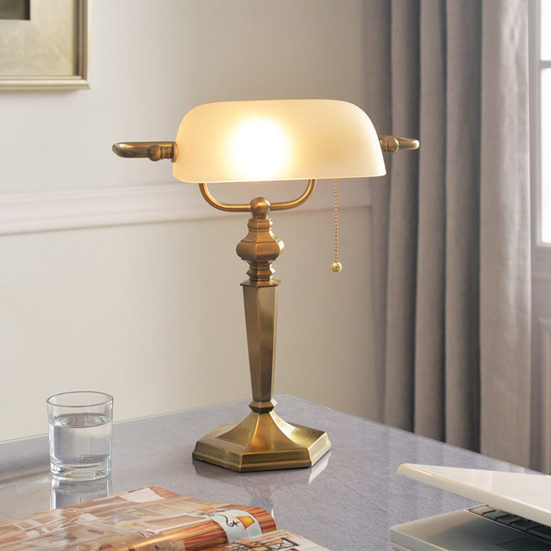 1 Light Pull Chain Night Table Light Traditional Black/Brass Finish Metal Desk Lamp with Tan Glass Shade Brass Clearhalo 'Lamps' 'Table Lamps' Lighting' 781894