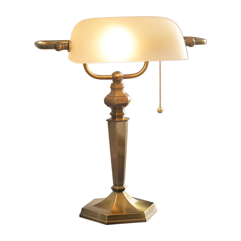 1 Light Pull Chain Night Table Light Traditional Black/Brass Finish Metal Desk Lamp with Tan Glass Shade Clearhalo 'Lamps' 'Table Lamps' Lighting' 781896
