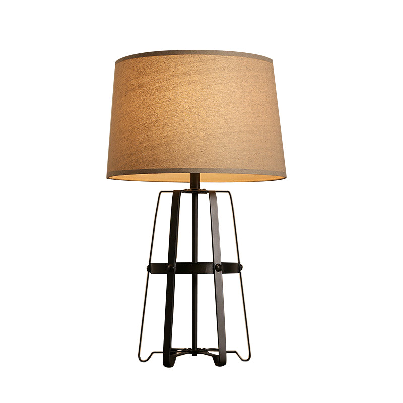 Brown Drum Table Lighting Countryside Style Fabric 1 Head Living Room Desk Lamp with Frame Base Clearhalo 'Lamps' 'Table Lamps' Lighting' 781899
