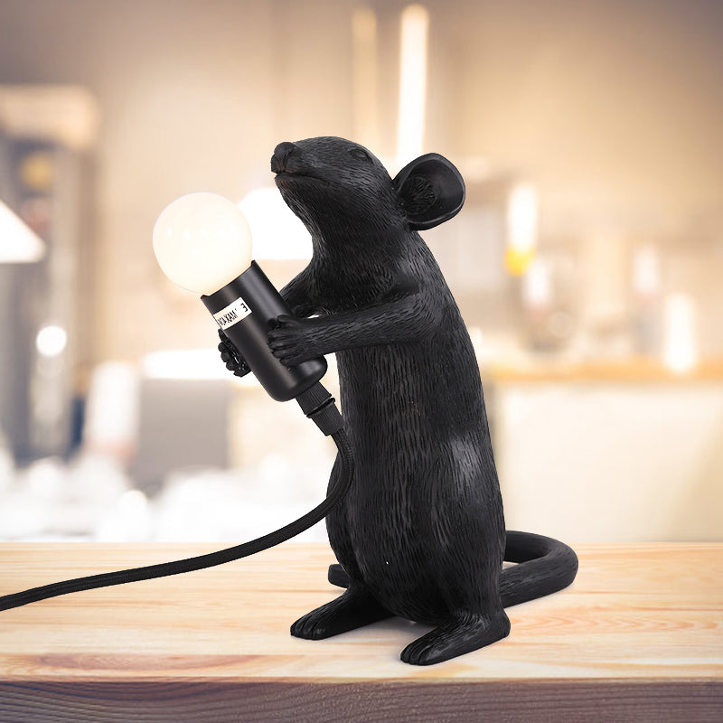 Black 1 Bulb Night Table Lamp Traditional Resin Standing Mouse Shape Desk Lamp for Living Room Black Clearhalo 'Lamps' 'Table Lamps' Lighting' 781936