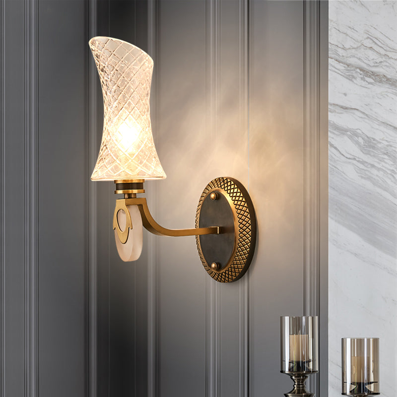 1/2-Light Arc Wall Lighting Traditional Brass Finish Clear Latticed Glass Wall Mounted Lamp 1.0 Brass Clearhalo 'Wall Lamps & Sconces' 'Wall Lights' Lighting' 781975