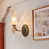 1/2-Light Arc Wall Lighting Traditional Brass Finish Clear Latticed Glass Wall Mounted Lamp Clearhalo 'Wall Lamps & Sconces' 'Wall Lights' Lighting' 781976