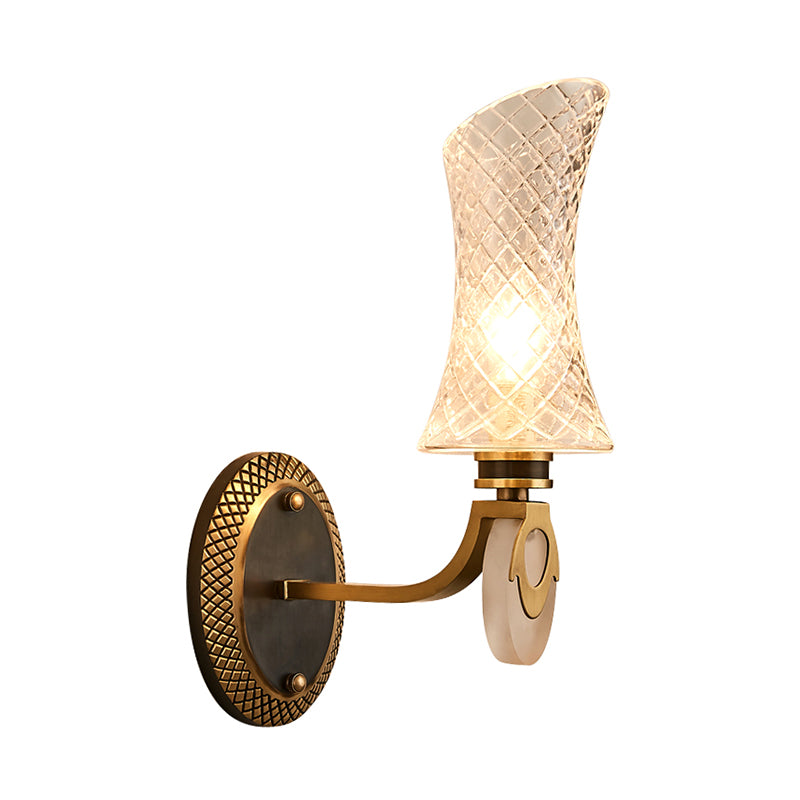 1/2-Light Arc Wall Lighting Traditional Brass Finish Clear Latticed Glass Wall Mounted Lamp Clearhalo 'Wall Lamps & Sconces' 'Wall Lights' Lighting' 781977