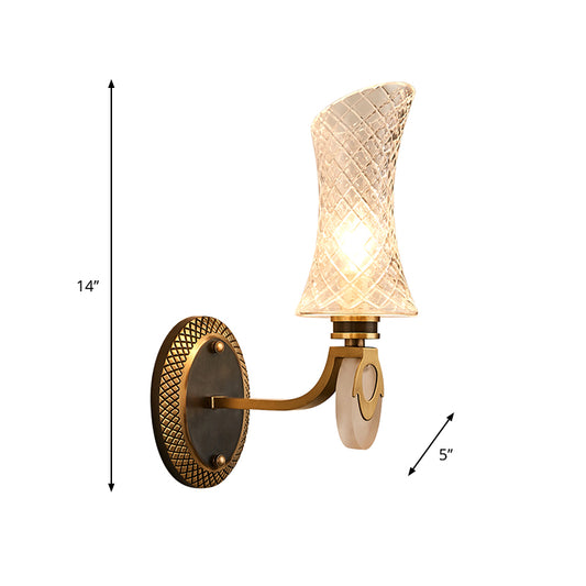 1/2-Light Arc Wall Lighting Traditional Brass Finish Clear Latticed Glass Wall Mounted Lamp Clearhalo 'Wall Lamps & Sconces' 'Wall Lights' Lighting' 781978