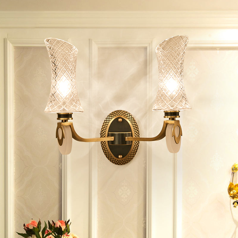 1/2-Light Arc Wall Lighting Traditional Brass Finish Clear Latticed Glass Wall Mounted Lamp 2.0 Brass Clearhalo 'Wall Lamps & Sconces' 'Wall Lights' Lighting' 781979