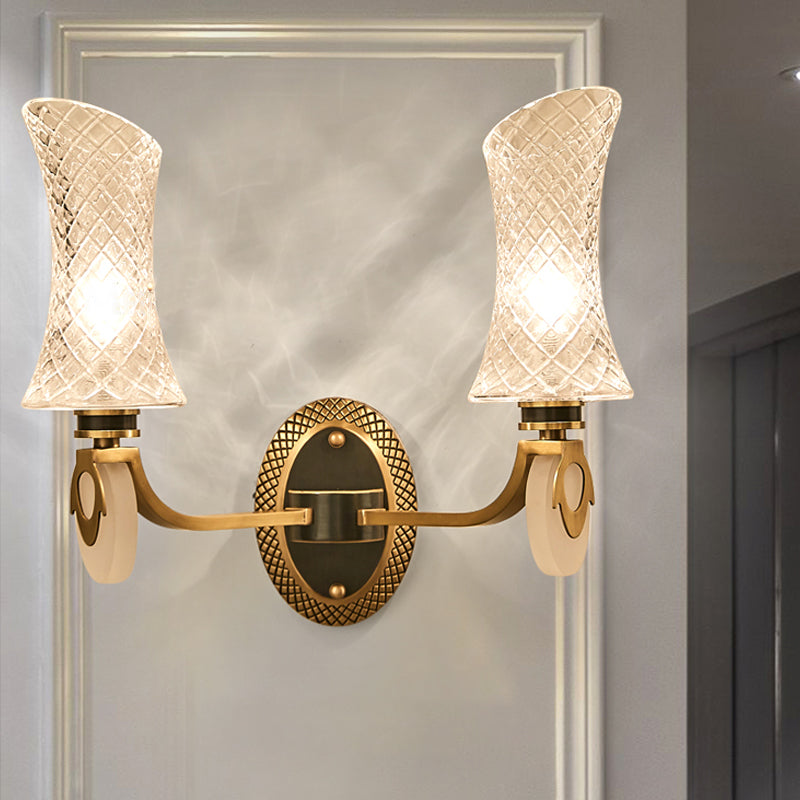 1/2-Light Arc Wall Lighting Traditional Brass Finish Clear Latticed Glass Wall Mounted Lamp Clearhalo 'Wall Lamps & Sconces' 'Wall Lights' Lighting' 781981