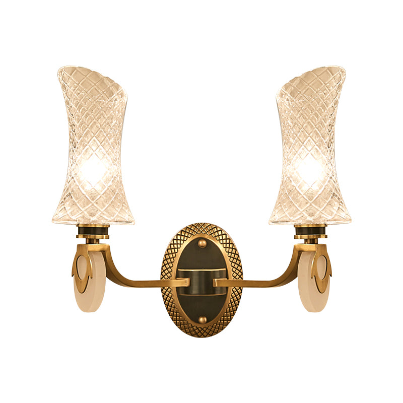 1/2-Light Arc Wall Lighting Traditional Brass Finish Clear Latticed Glass Wall Mounted Lamp Clearhalo 'Wall Lamps & Sconces' 'Wall Lights' Lighting' 781982