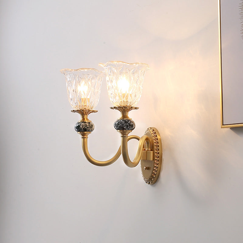 Post Modern Flower Wall Sconce Lighting 1/2-Head Clear Glass Wall Lamp Fixture in Brass 2.0 Brass Clearhalo 'Wall Lamps & Sconces' 'Wall Lights' Lighting' 781988