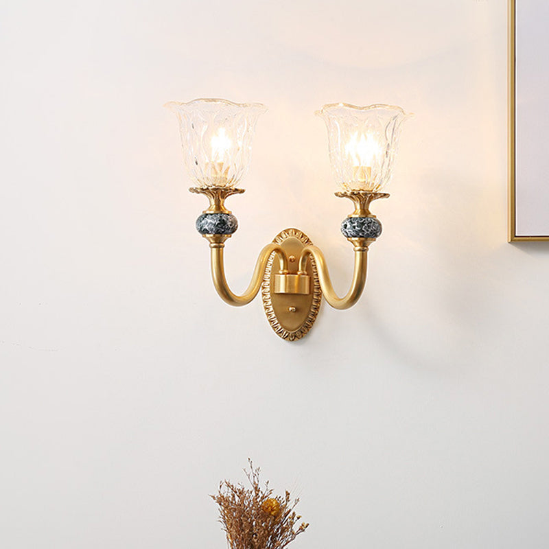 Post Modern Flower Wall Sconce Lighting 1/2-Head Clear Glass Wall Lamp Fixture in Brass Clearhalo 'Wall Lamps & Sconces' 'Wall Lights' Lighting' 781989