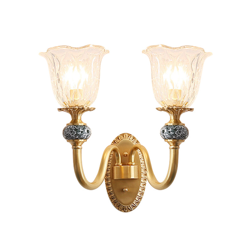 Post Modern Flower Wall Sconce Lighting 1/2-Head Clear Glass Wall Lamp Fixture in Brass Clearhalo 'Wall Lamps & Sconces' 'Wall Lights' Lighting' 781990