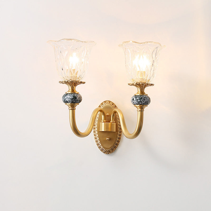 Post Modern Flower Wall Sconce Lighting 1/2-Head Clear Glass Wall Lamp Fixture in Brass Clearhalo 'Wall Lamps & Sconces' 'Wall Lights' Lighting' 781991