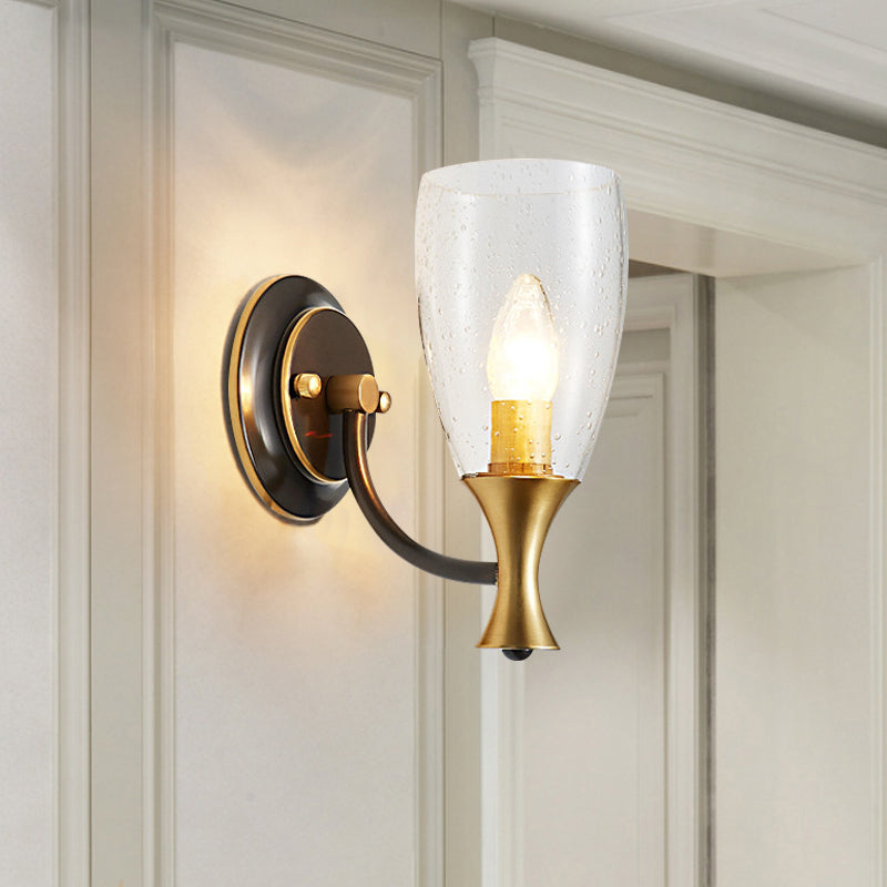 Brass 1-Light Wall Light Fixture Vintage Clear Seeded Glass Conical Wall Mounted Lamp Brass Clearhalo 'Wall Lamps & Sconces' 'Wall Lights' Lighting' 781997