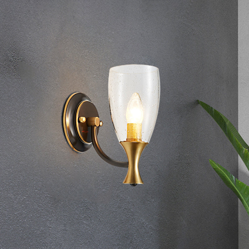 Brass 1-Light Wall Light Fixture Vintage Clear Seeded Glass Conical Wall Mounted Lamp Clearhalo 'Wall Lamps & Sconces' 'Wall Lights' Lighting' 781998