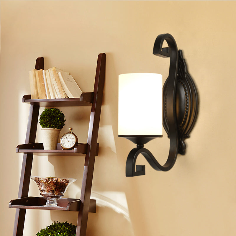 Cylinder Indoor Sconce Lighting Farmhouse White Glass 1-Head Black Finish Wall Lamp Black Clearhalo 'Wall Lamps & Sconces' 'Wall Lights' Lighting' 782009