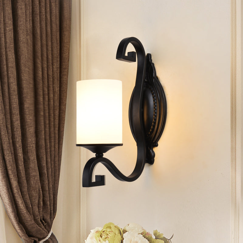 Cylinder Indoor Sconce Lighting Farmhouse White Glass 1-Head Black Finish Wall Lamp Clearhalo 'Wall Lamps & Sconces' 'Wall Lights' Lighting' 782010