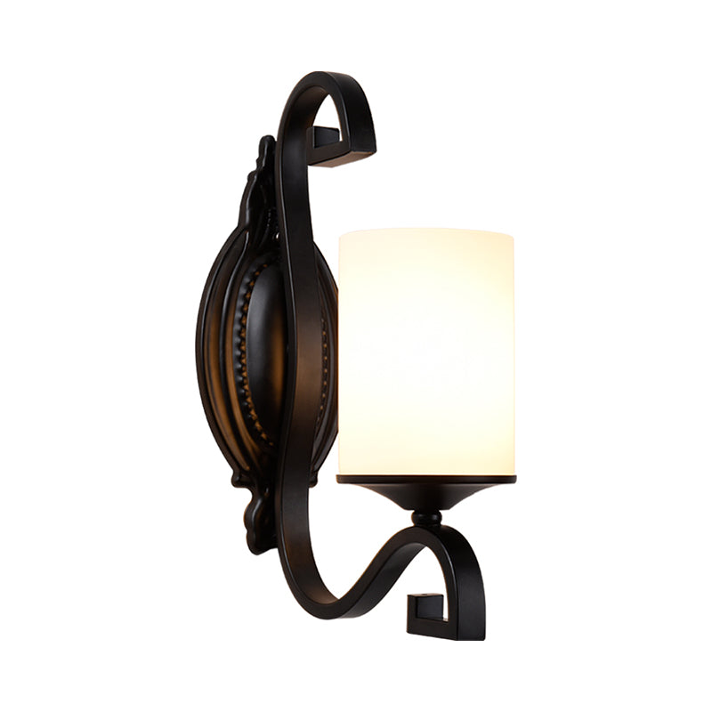 Cylinder Indoor Sconce Lighting Farmhouse White Glass 1-Head Black Finish Wall Lamp Clearhalo 'Wall Lamps & Sconces' 'Wall Lights' Lighting' 782011