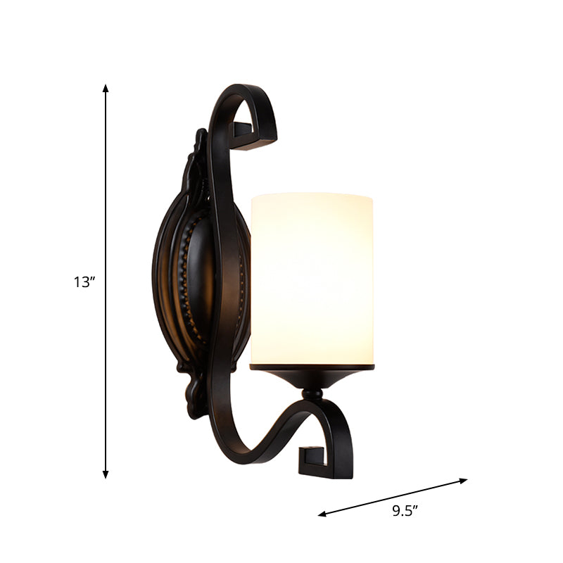 Cylinder Indoor Sconce Lighting Farmhouse White Glass 1-Head Black Finish Wall Lamp Clearhalo 'Wall Lamps & Sconces' 'Wall Lights' Lighting' 782012