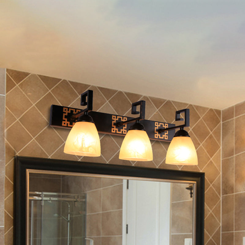 3-Bulb Tan Crackled Glass Vanity Lighting Countryside Black Domed Bathroom Wall Sconce Lamp Black Clearhalo 'Vanity Lights' 'Wall Lights' Lighting' 782013