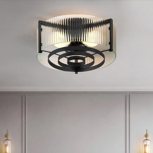 Clear Trellis/Stripe Glass Round Flushmount Modernist 3 Bulbs Bedroom Flush Mounted Light in Black Black Stripe Clearhalo 'Ceiling Lights' 'Close To Ceiling Lights' 'Close to ceiling' 'Flush mount' Lighting' 782017