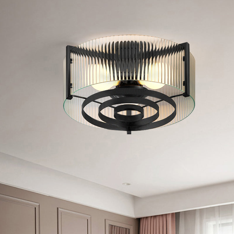 Clear Trellis/Stripe Glass Round Flushmount Modernist 3 Bulbs Bedroom Flush Mounted Light in Black Clearhalo 'Ceiling Lights' 'Close To Ceiling Lights' 'Close to ceiling' 'Flush mount' Lighting' 782018