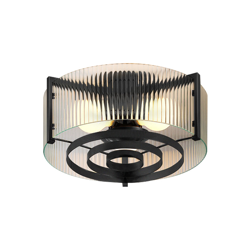 Clear Trellis/Stripe Glass Round Flushmount Modernist 3 Bulbs Bedroom Flush Mounted Light in Black Clearhalo 'Ceiling Lights' 'Close To Ceiling Lights' 'Close to ceiling' 'Flush mount' Lighting' 782019