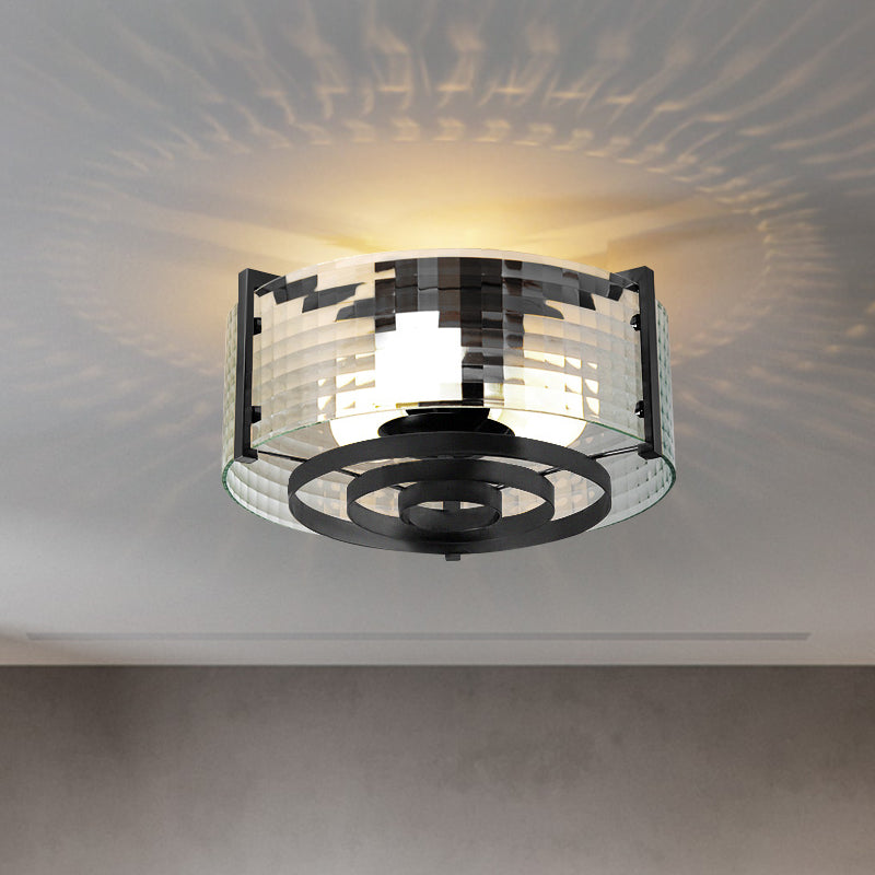 Clear Trellis/Stripe Glass Round Flushmount Modernist 3 Bulbs Bedroom Flush Mounted Light in Black Black Trellis Clearhalo 'Ceiling Lights' 'Close To Ceiling Lights' 'Close to ceiling' 'Flush mount' Lighting' 782021