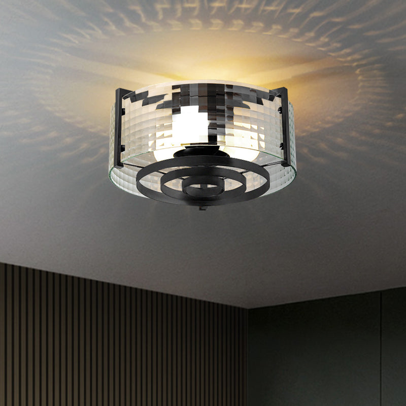 Clear Trellis/Stripe Glass Round Flushmount Modernist 3 Bulbs Bedroom Flush Mounted Light in Black Clearhalo 'Ceiling Lights' 'Close To Ceiling Lights' 'Close to ceiling' 'Flush mount' Lighting' 782022