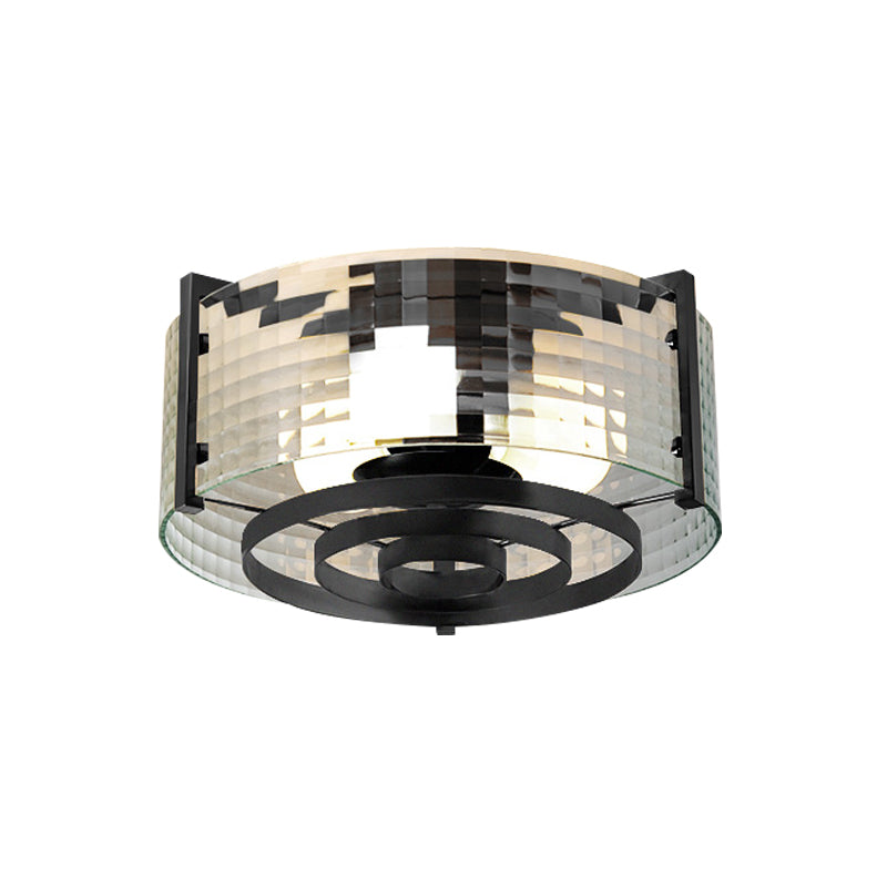 Clear Trellis/Stripe Glass Round Flushmount Modernist 3 Bulbs Bedroom Flush Mounted Light in Black Clearhalo 'Ceiling Lights' 'Close To Ceiling Lights' 'Close to ceiling' 'Flush mount' Lighting' 782024