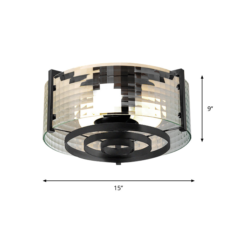 Clear Trellis/Stripe Glass Round Flushmount Modernist 3 Bulbs Bedroom Flush Mounted Light in Black Clearhalo 'Ceiling Lights' 'Close To Ceiling Lights' 'Close to ceiling' 'Flush mount' Lighting' 782025