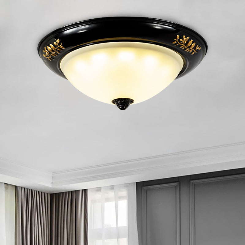 3 Heads Ceiling Mounted Light Traditional Living Room Flush Lamp Fixture with Dome Opal Glass Shade in Black Black Clearhalo 'Ceiling Lights' 'Close To Ceiling Lights' 'Close to ceiling' 'Flush mount' Lighting' 782026