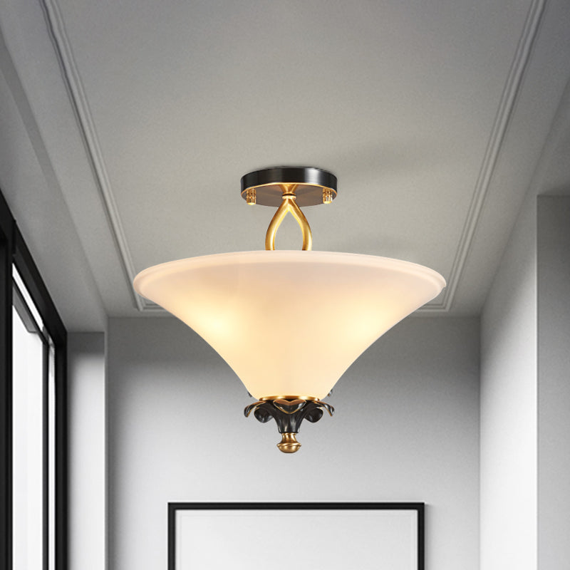 Horn Shape White Glass Semi Flush Lamp Country Style 3 Lights Bedroom Flush Ceiling Light in Brass Brass Clearhalo 'Ceiling Lights' 'Close To Ceiling Lights' 'Close to ceiling' 'Semi-flushmount' Lighting' 782030