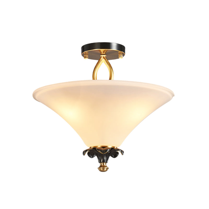 Horn Shape White Glass Semi Flush Lamp Country Style 3 Lights Bedroom Flush Ceiling Light in Brass Clearhalo 'Ceiling Lights' 'Close To Ceiling Lights' 'Close to ceiling' 'Semi-flushmount' Lighting' 782032