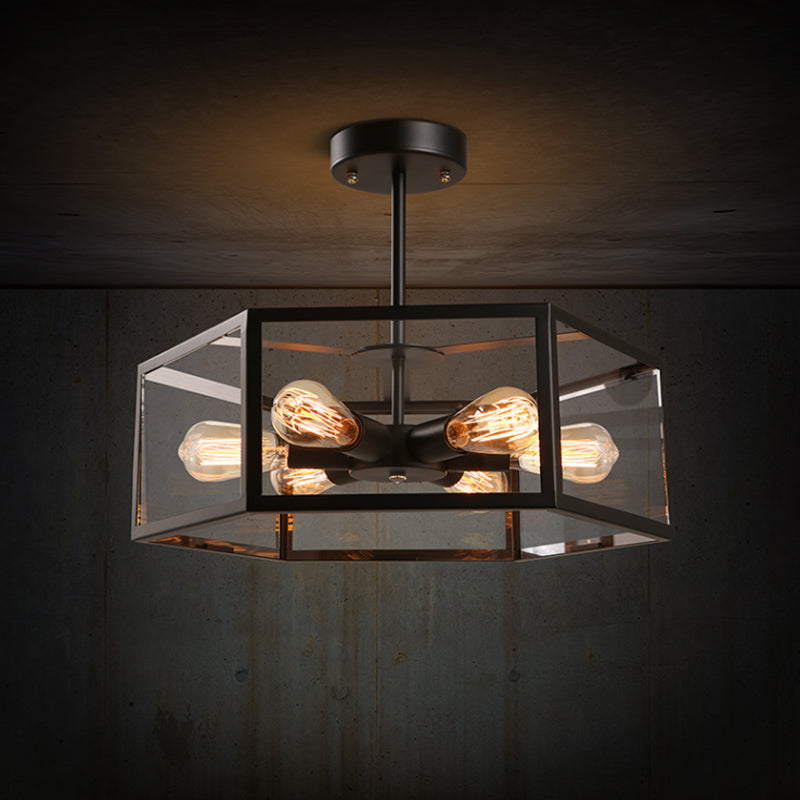 Antiqued Hexagon Semi Flush Light Fixture 6 Lights Clear Glass Close to Ceiling Lamp in Black Black Clearhalo 'Ceiling Lights' 'Close To Ceiling Lights' 'Close to ceiling' 'Semi-flushmount' Lighting' 782034