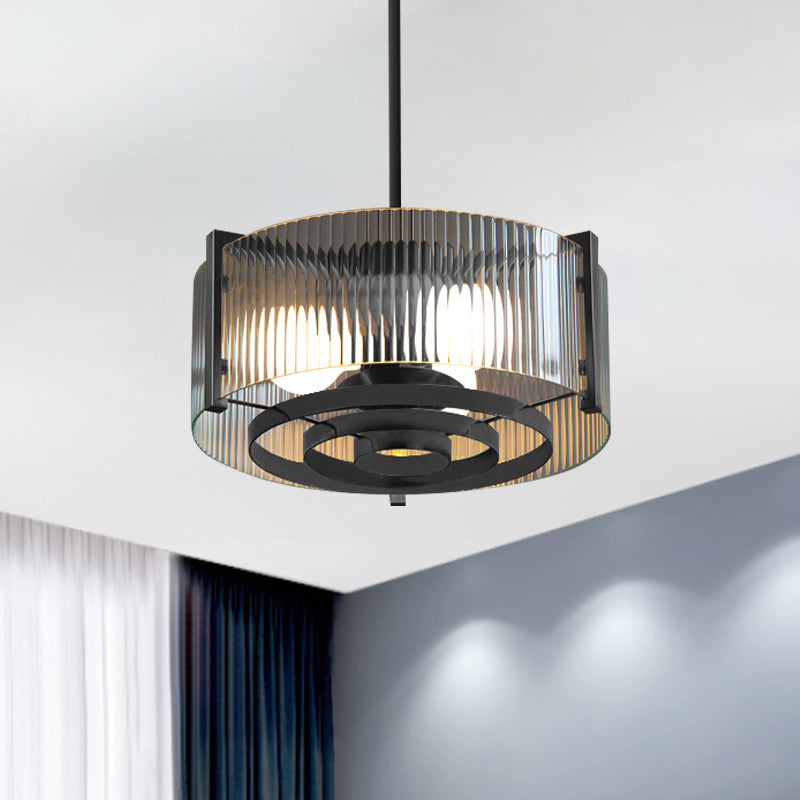 Black 3-Head Semi Flush Mount Light Vintage Clear Trellis/Stripe Glass Drum Ceiling Lamp Fixture Black Stripe Clearhalo 'Ceiling Lights' 'Close To Ceiling Lights' 'Close to ceiling' 'Semi-flushmount' Lighting' 782038