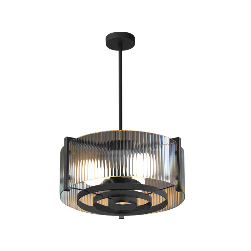 Black 3-Head Semi Flush Mount Light Vintage Clear Trellis/Stripe Glass Drum Ceiling Lamp Fixture Clearhalo 'Ceiling Lights' 'Close To Ceiling Lights' 'Close to ceiling' 'Semi-flushmount' Lighting' 782040