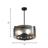 Black 3-Head Semi Flush Mount Light Vintage Clear Trellis/Stripe Glass Drum Ceiling Lamp Fixture Clearhalo 'Ceiling Lights' 'Close To Ceiling Lights' 'Close to ceiling' 'Semi-flushmount' Lighting' 782041