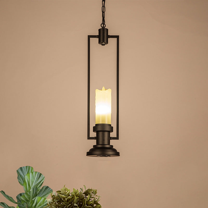 Candle Restaurant Suspension Light Vintage Resin 1 Head Black Pendant Lamp Fixture with Rectangle Frame Black Clearhalo 'Ceiling Lights' 'Pendant Lights' 'Pendants' Lighting' 782051_3ed423e5-fb94-4344-8e03-1cdbbe373fd8