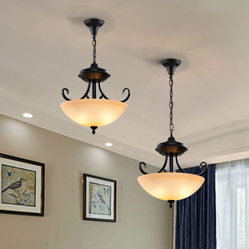 Black Domed Chandelier Lighting Traditional Tan Glass 3-Head Corridor Hanging Pendant Lamp Clearhalo 'Ceiling Lights' 'Chandeliers' Lighting' options 782064