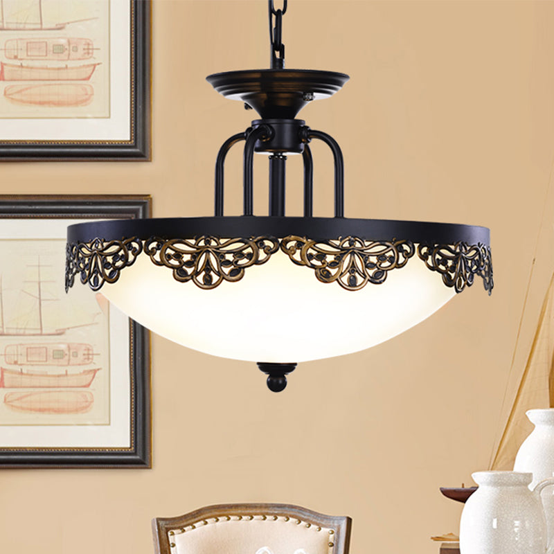 2 Bulbs Dome Hanging Chandelier Countryside Black Finish Opal Glass Pendant Light Fixture Black Clearhalo 'Ceiling Lights' 'Chandeliers' Lighting' options 782067_d1396846-1171-4e90-8eae-14f9b9b3029f