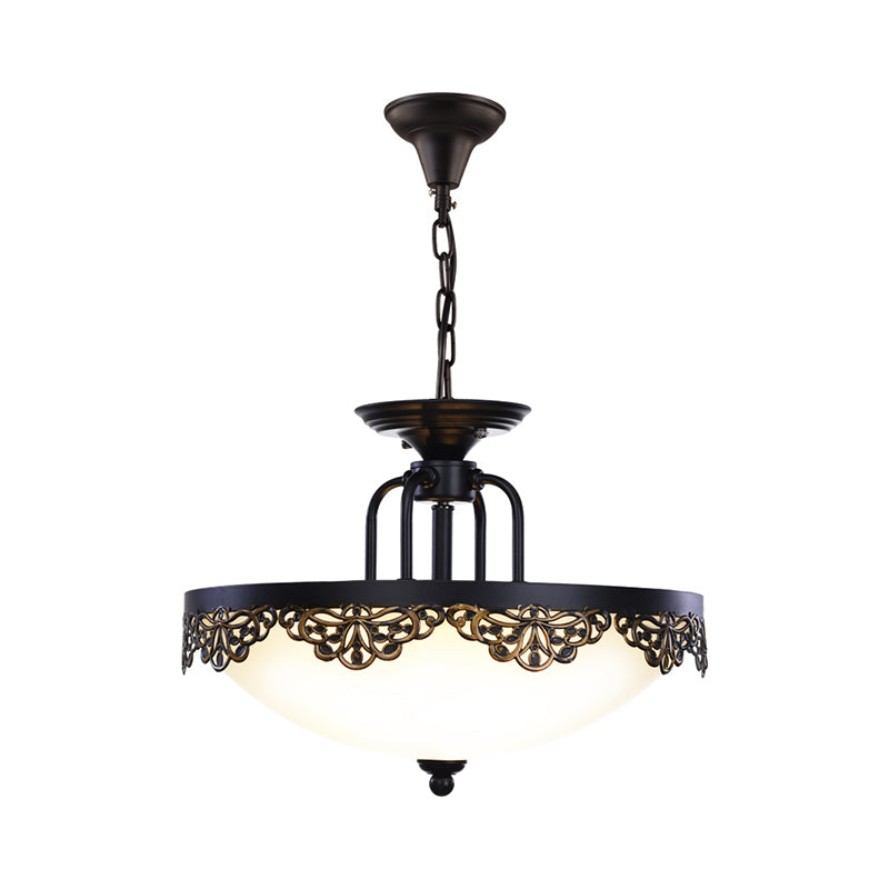 2 Bulbs Dome Hanging Chandelier Countryside Black Finish Opal Glass Pendant Light Fixture Clearhalo 'Ceiling Lights' 'Chandeliers' Lighting' options 782069