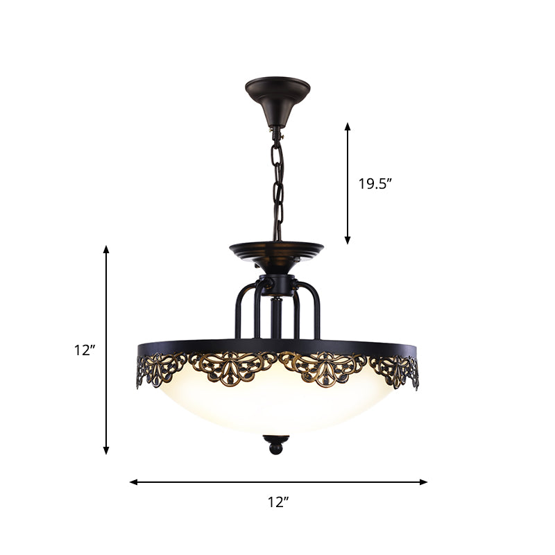 2 Bulbs Dome Hanging Chandelier Countryside Black Finish Opal Glass Pendant Light Fixture Clearhalo 'Ceiling Lights' 'Chandeliers' Lighting' options 782070