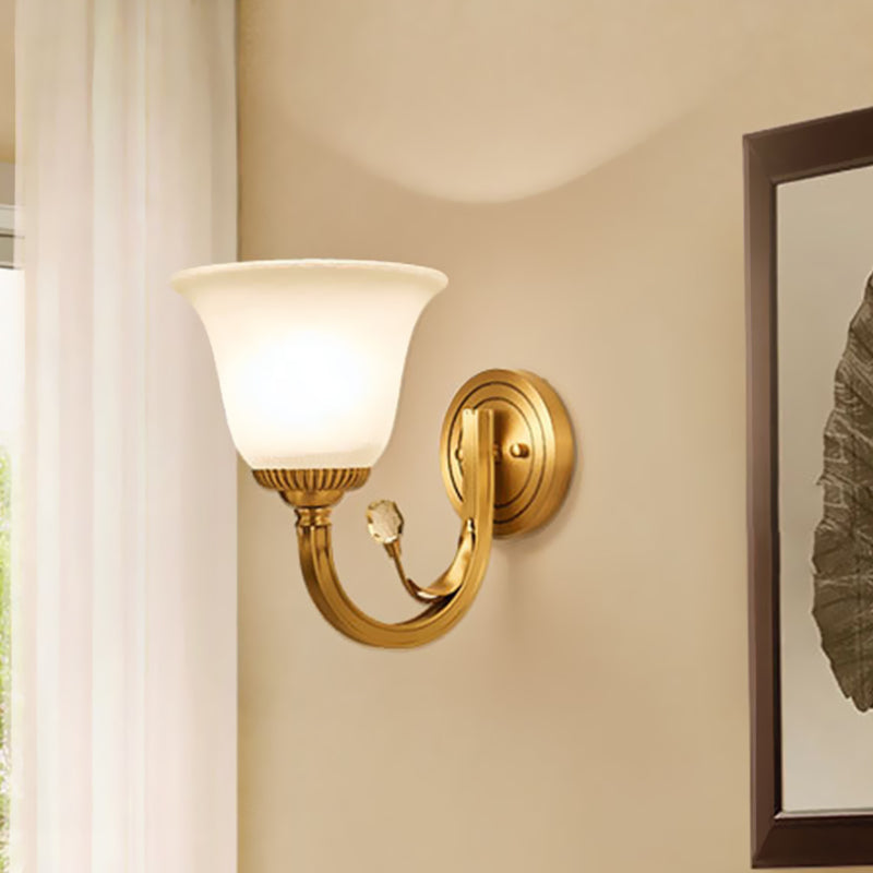 Brass Finish 1/2-Light Wall Sconce Light Colonial Frosted Glass Bell Up Wall Lamp Fixture for Corridor 1.0 Brass Clearhalo 'Wall Lamps & Sconces' 'Wall Lights' Lighting' 782110