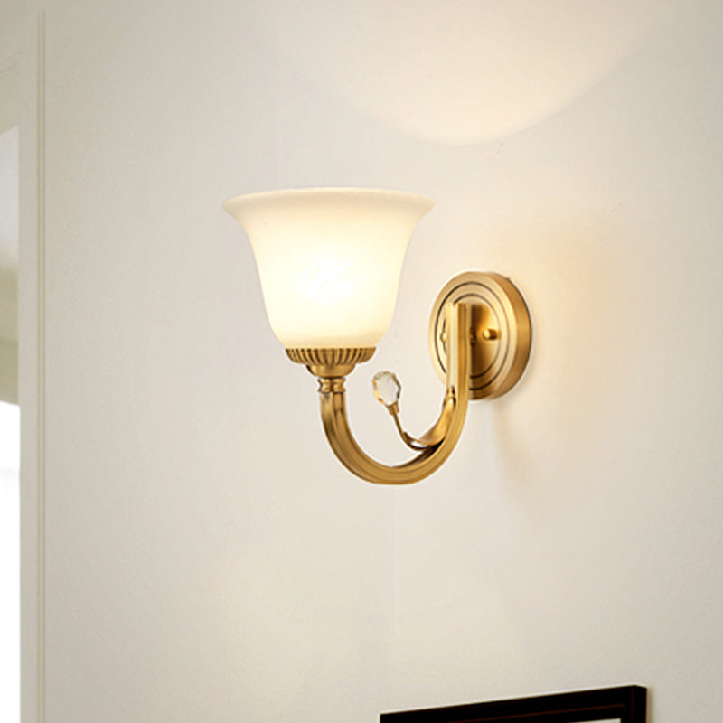 Brass Finish 1/2-Light Wall Sconce Light Colonial Frosted Glass Bell Up Wall Lamp Fixture for Corridor Clearhalo 'Wall Lamps & Sconces' 'Wall Lights' Lighting' 782111