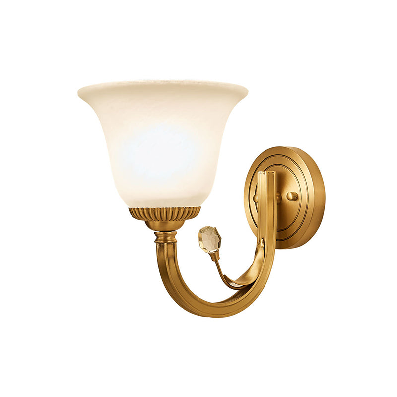 Brass Finish 1/2-Light Wall Sconce Light Colonial Frosted Glass Bell Up Wall Lamp Fixture for Corridor Clearhalo 'Wall Lamps & Sconces' 'Wall Lights' Lighting' 782112